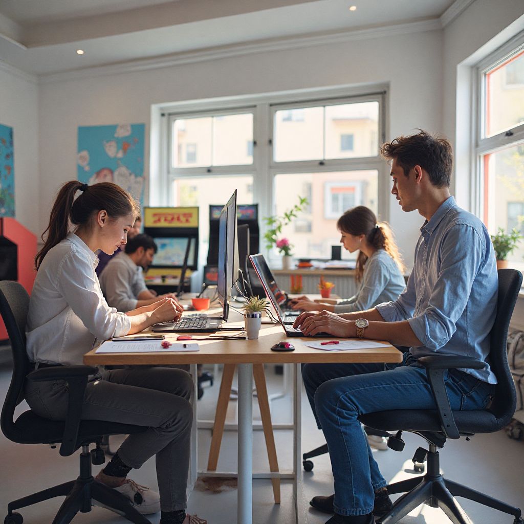 Team di sviluppo che collabora su un progetto di gioco arcade